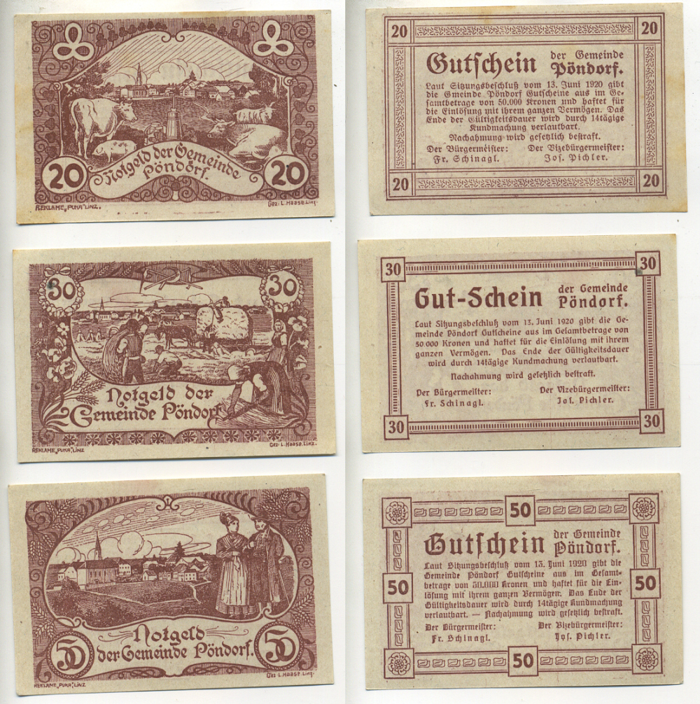 Австрия набор из 3 банкнот 1920 13 июня 1920, нотгельд, 20, 30, 50 геллеров, PONDORF, КОРИЧНЕВЫЕ   бумага  aUNC  7555-8-3-1