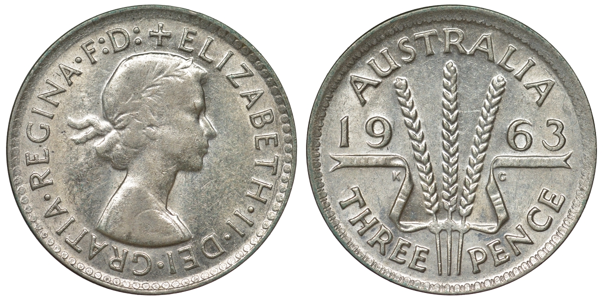 Австралия 3 пенса 1963 m, Елизавета II (1952-2022) KM 57 серебро 71-863