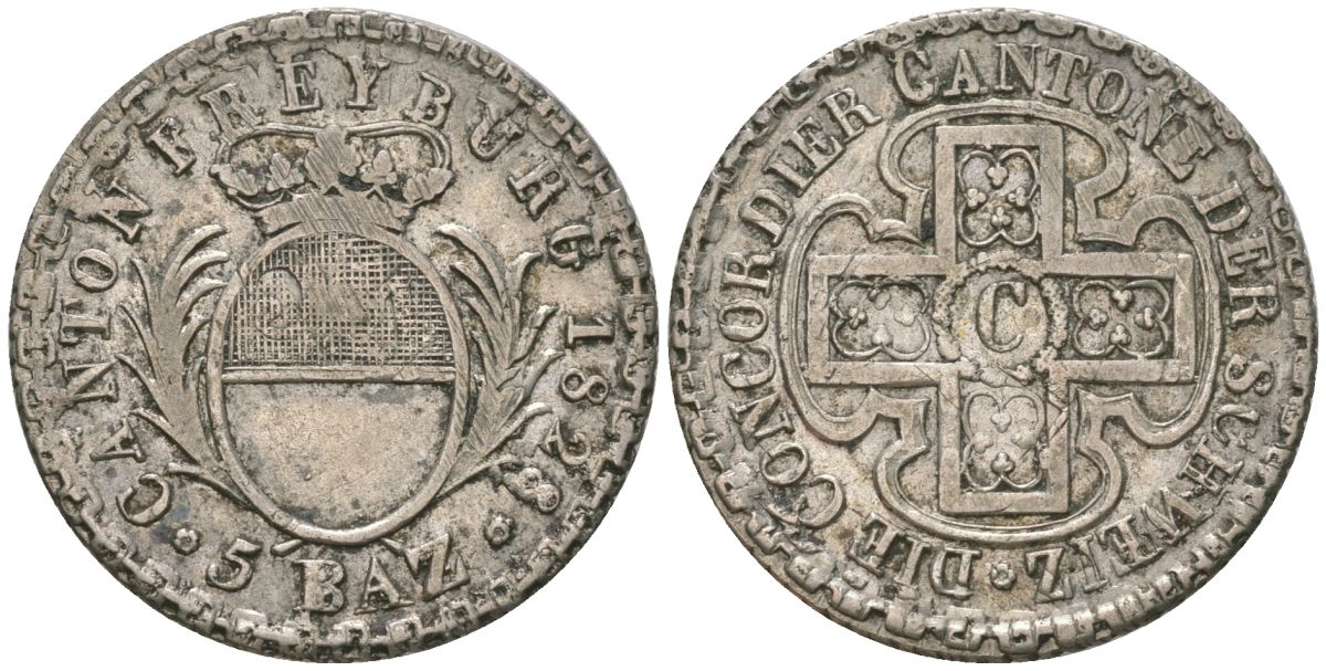 Швейцарские кантоны 5 батценов 1828 кантон Фрибур KM 84 серебро    4584-251
