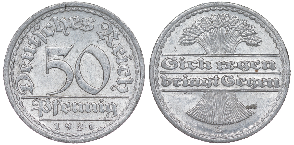 Германия 50 пфеннигов 1921 A KM 27, J. 301 алюминий 4114-537