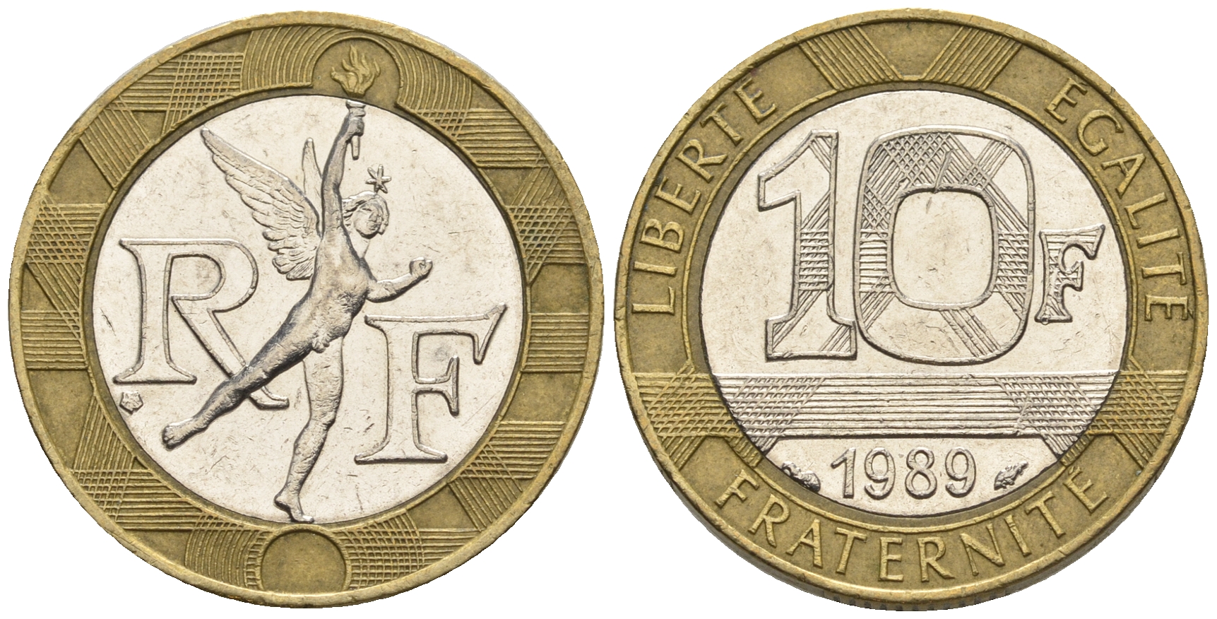 Франция 10 франков 1989 тип гений Бастилии KM 964.1, Le Franc 375.3 биметалл  85-126