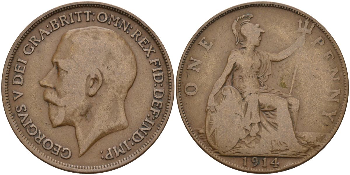 Великобритания 1 пенни 1914 Георг V (1910-1936) KM 810, Spink 4051 бронза 4149-714