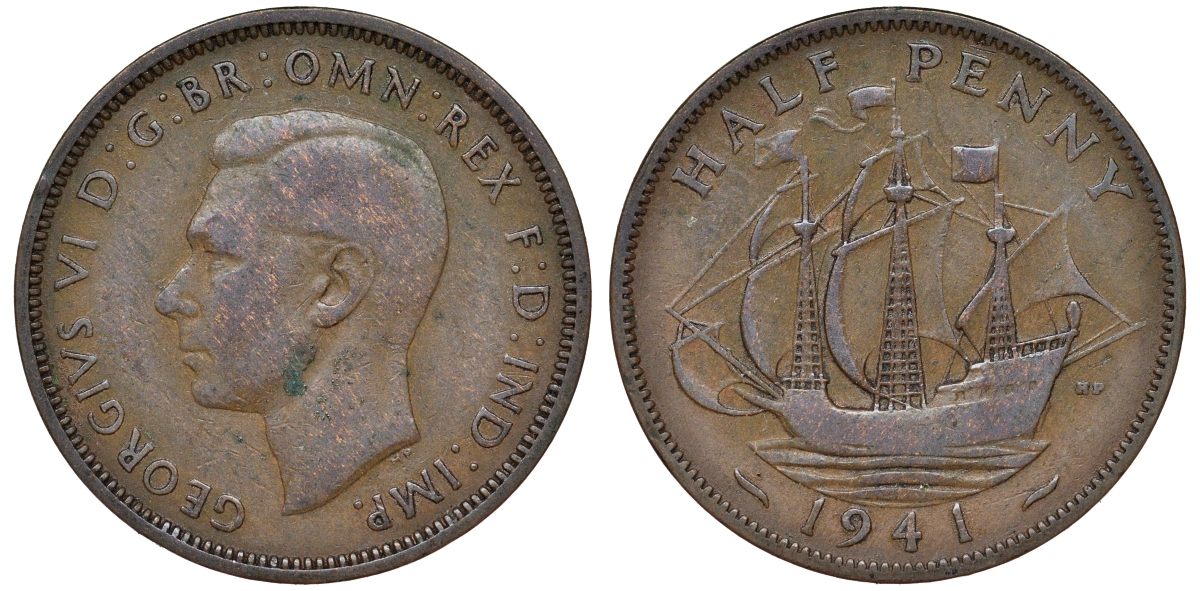 Великобритания 1/2 пенни 1941 Георг VI (1936-1952) KM 844, Spink 4115 бронза 62-1043