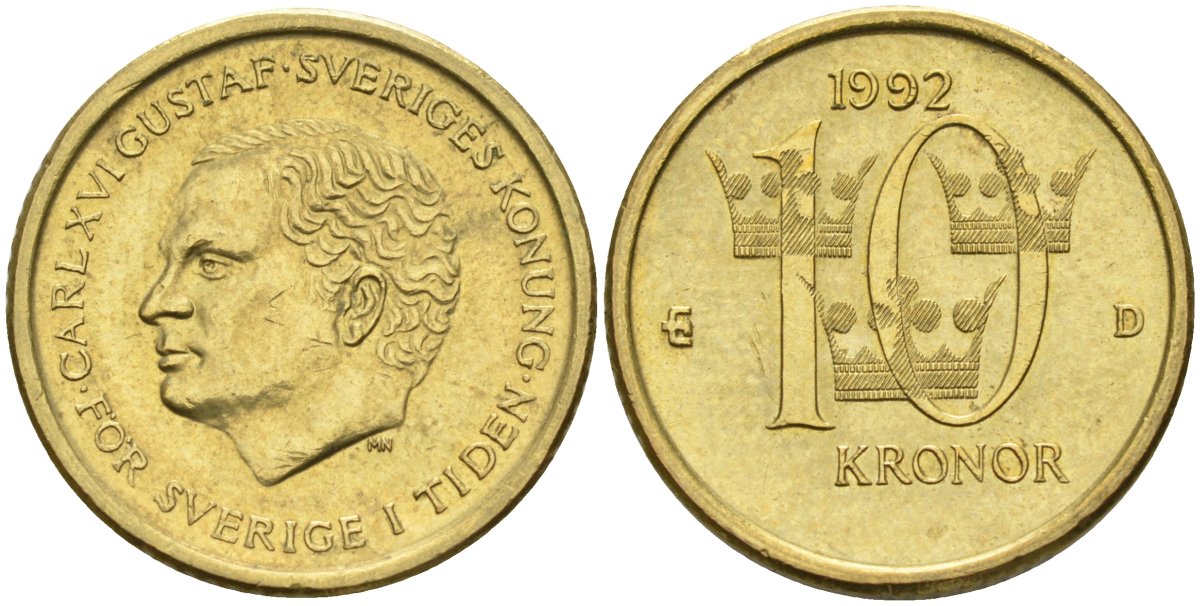 Швеция 10 крон 1992 Карл XVI Густав (1973- ) KM 877 нордик 183-1242