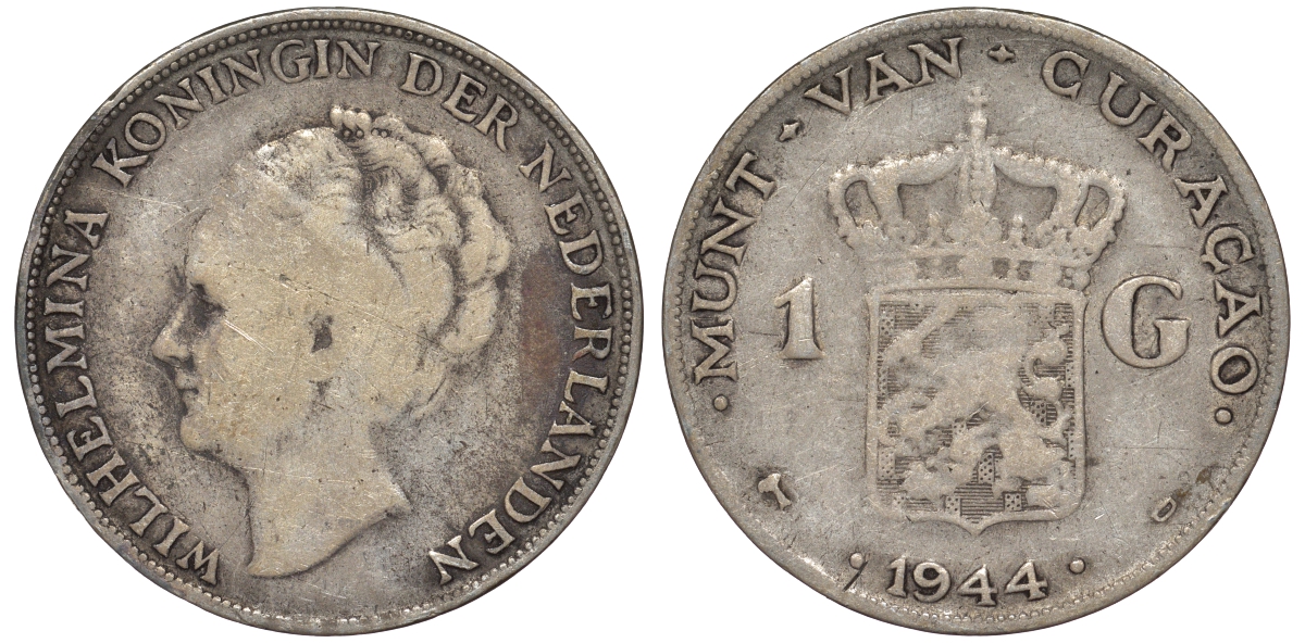 Нидерландское Кюрасао 1 гульден 1944 D, Вильгельмина (1890-1948) KM 45 серебро 36-712