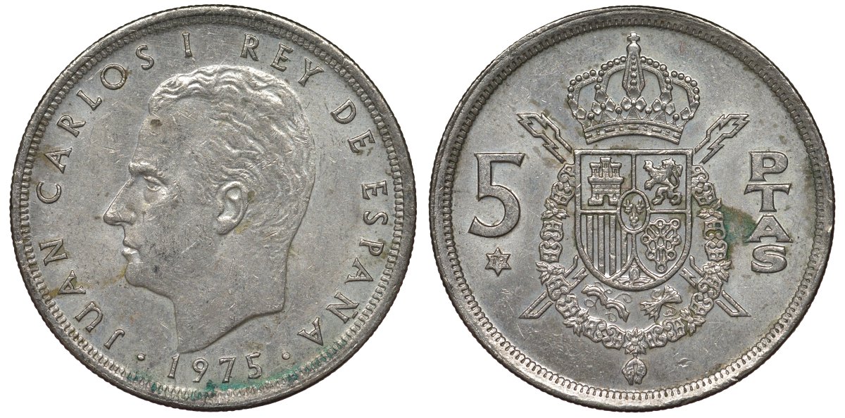 Испания 5 песет 1975 (79) Хуан Карлос I (1975-2014) KM 807 медно-никель 4128-1156