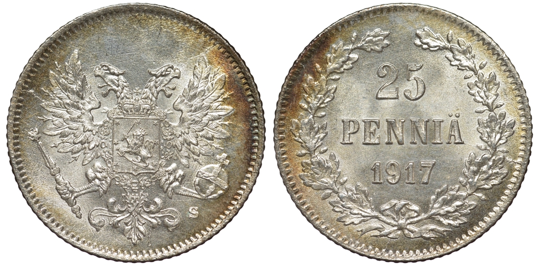 Россия для Финляндии 25 пенни 1917 S, временное правительство, без короны KM 19, Биткин 2 серебро 75-1454