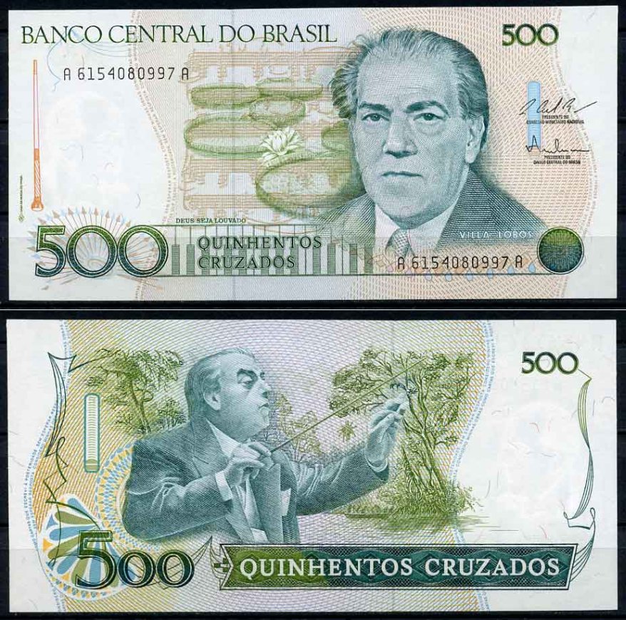 Бразилия 500 крузадо ND (1986-1988) серия A 6154, 100 лет со дня рождения Эйтор Вилла-Лобос Pick 212 c бумага UNC (пресс) 2196-36-2-2