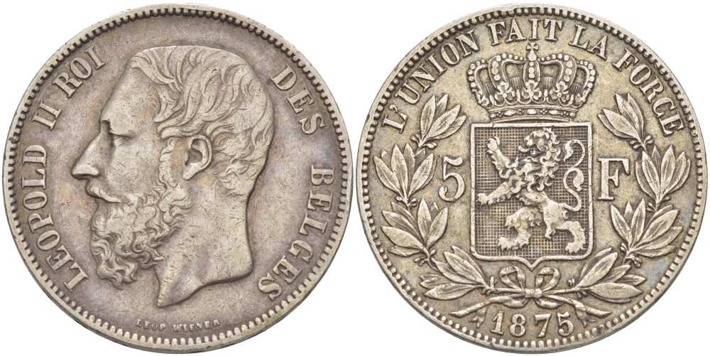 Бельгия 5 франков 1875 Леопольд II (1865-1909) KM 24 серебро 4184-633