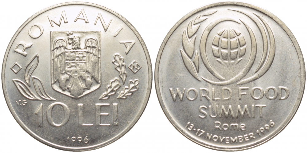 Румыния 10 леев 1996 FAO, мировой саммит продовольствия в Риме KM 126 сталь плакированная никелем UNC 3856-853