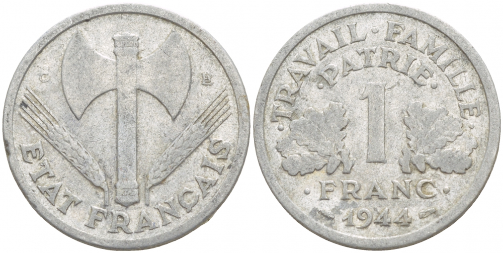 ФРАНЦИЯ 1 ФРАНК 1944 С, ТИП LEGERE, ПРАВИТЕЛЬСТВО ВИШИ KM 902.2, LE FRANC 223.7 алюминий 4541-144