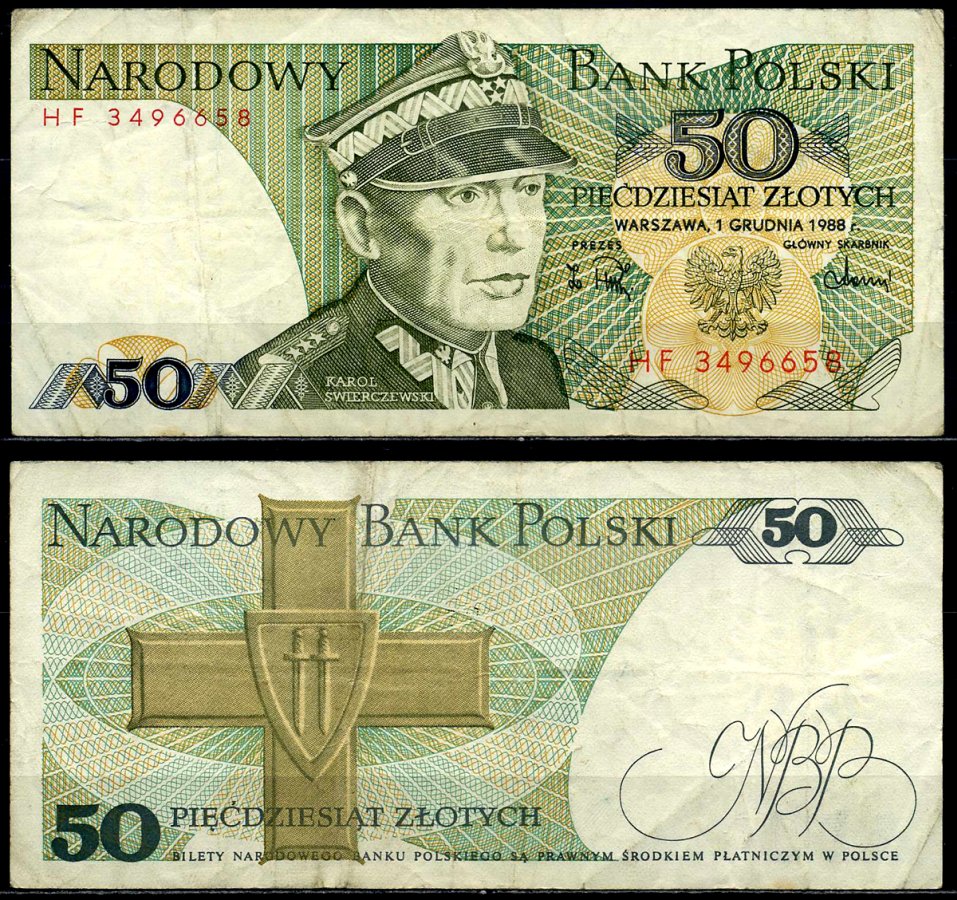 Польша 50 злотых 1988 Кароль Сверчевский, знак Грюнвальдского ордена Pick 142 c бумага 6287-20-1-2