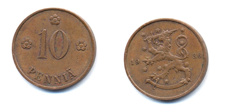 Финляндия 10 пенни 1936 республика (1918-1962) KM 24 медь 51-5532