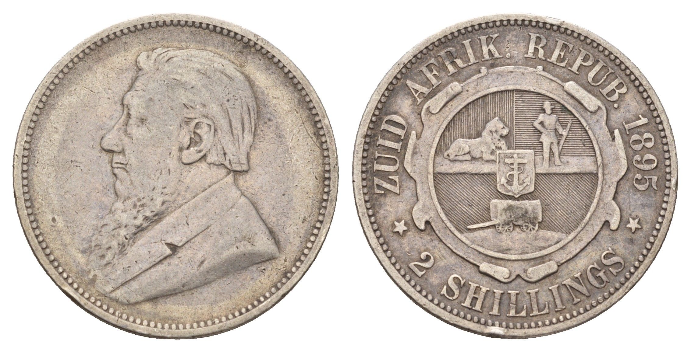 ЮАР 2 шиллинга 1895 ZAR, Трансвааль, Крюгер KM 6 серебро 1531-1415