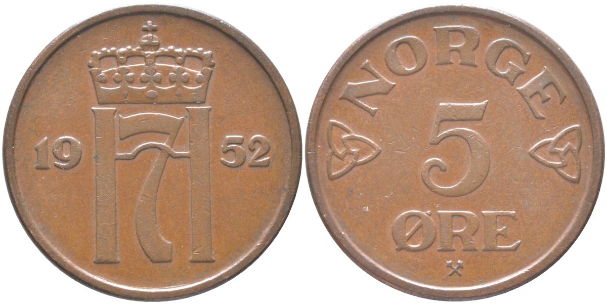 Норвегия 5 эре 1952 Хокон VII (1905-1957) KM 400 бронза 4123-326