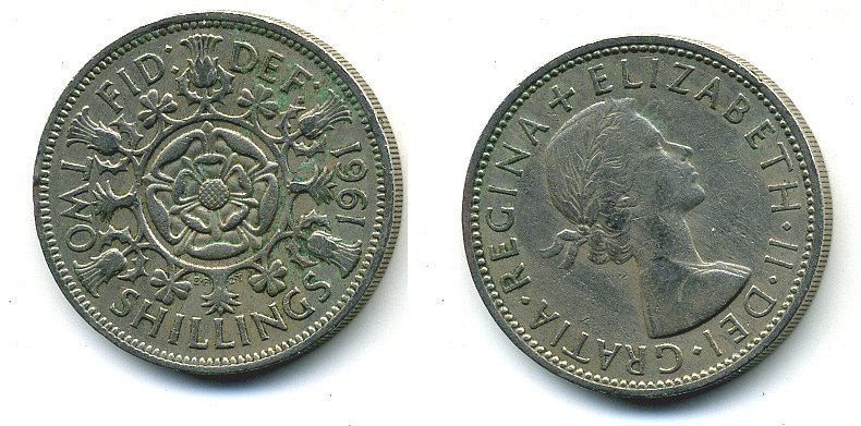 Великобритания 2 шиллинга (флорин) 1961 Елизавета II (1952-2022) KM 906, Spink 4146 медно-никель 4110-1511