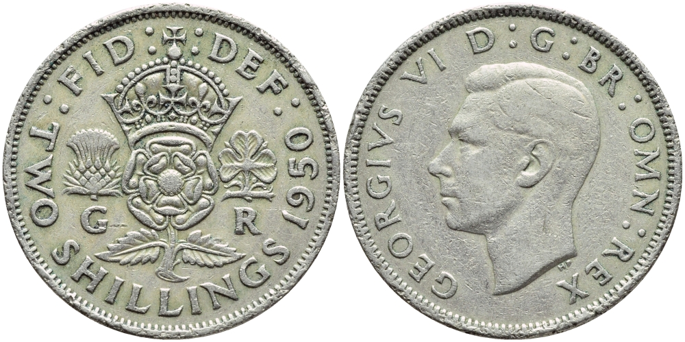 Великобритания 2 шиллинга (флорин) 1950 Георг VI (1936-1952) KM 878, Spink 4107 медно-никель 4394-1045