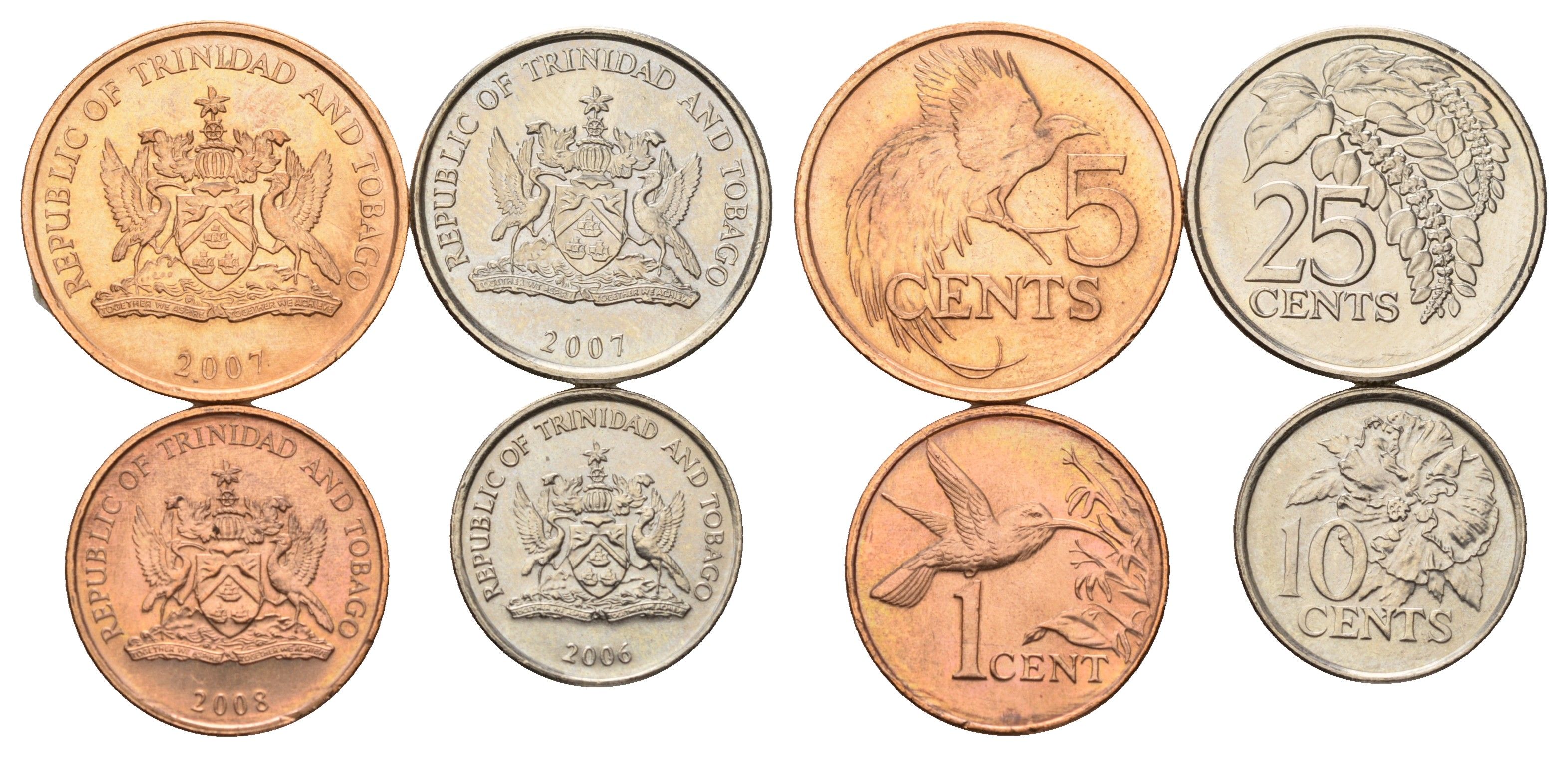 Тринидад и Тобаго набор из 4 монет (1, 5, 10, 25 центов) 2006, 2007 и 2008 KM 29, 30, 31 и 32 UNC 4669-841-844