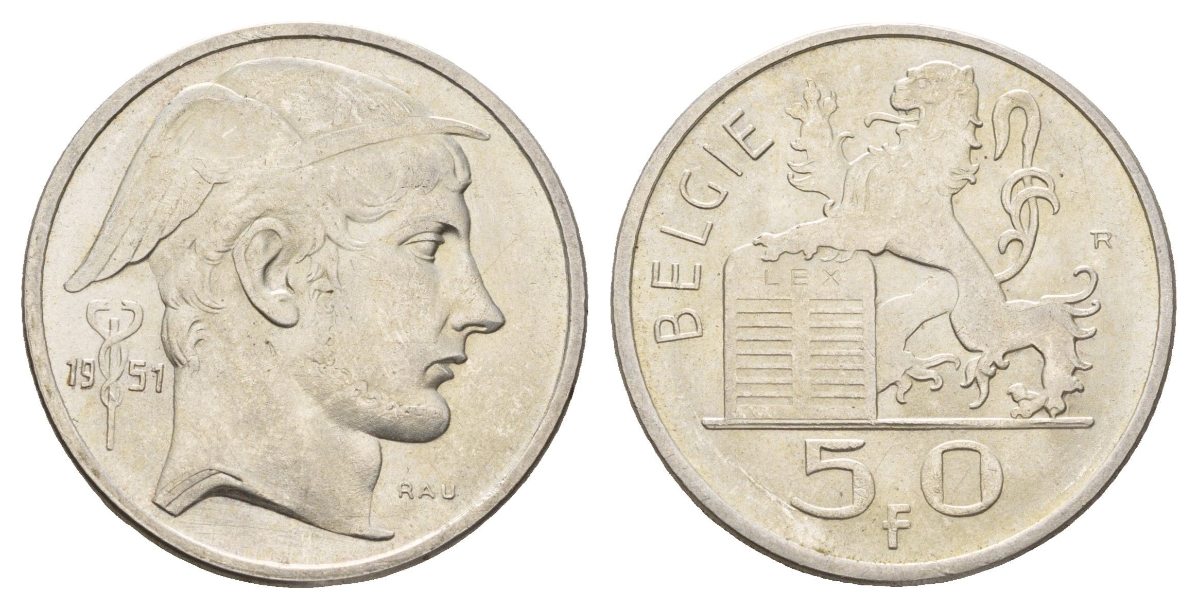 Бельгия 50 франков 1951 Бодуэн I (1951-1993), Belgiqe KM 137 серебро UNC 3855-925
