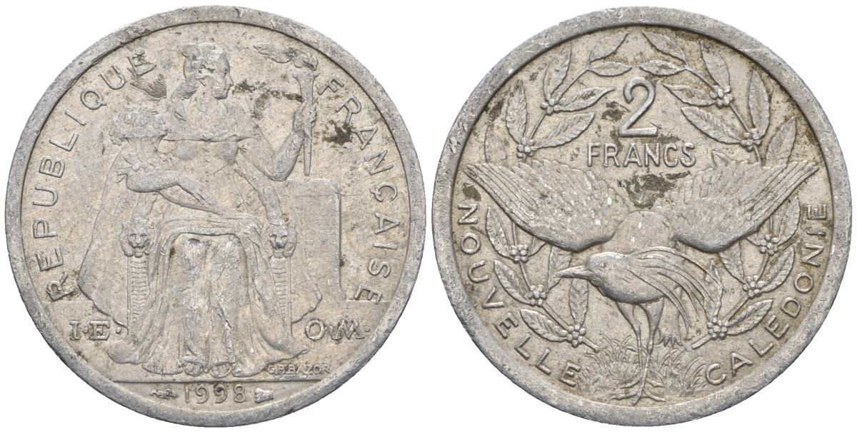 Французская Новая Каледония 2 франка 1998 птица кагу, (IEOM) KM 14, Schoen 11, Lec 68c алюминий    25-351