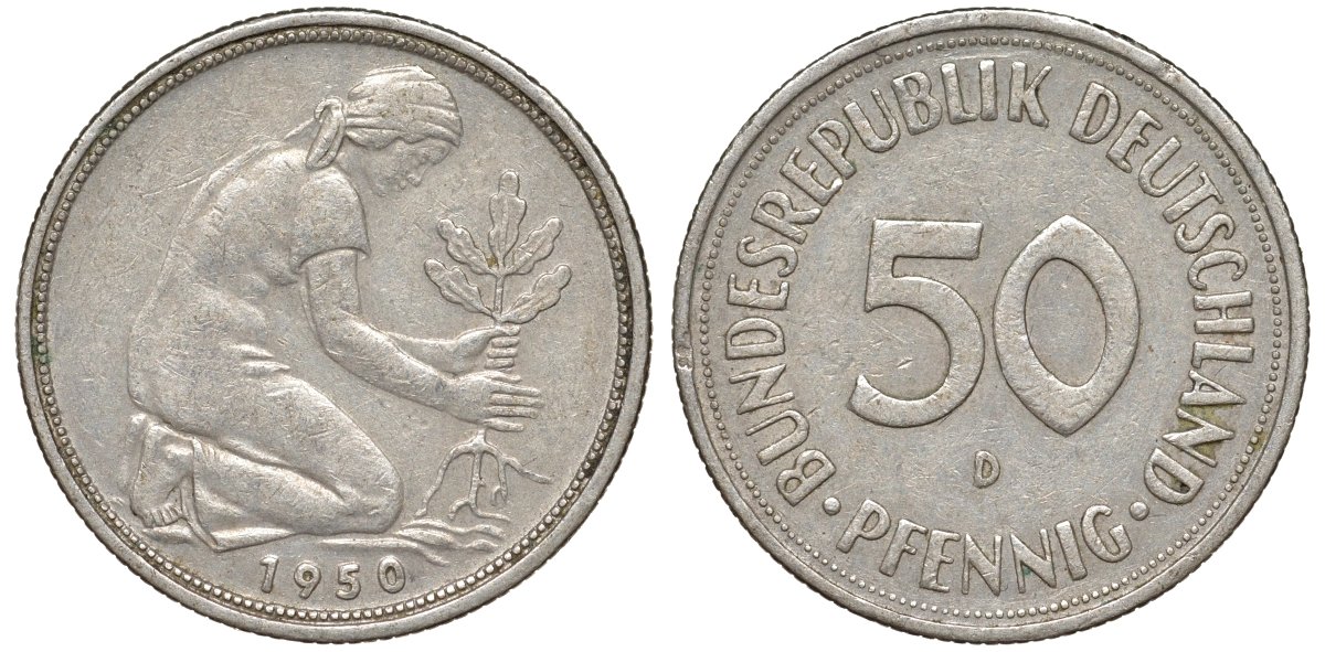 ФРГ 50 пфеннигов 1950 D KM 109, J. 384 медно-никель 4132-634