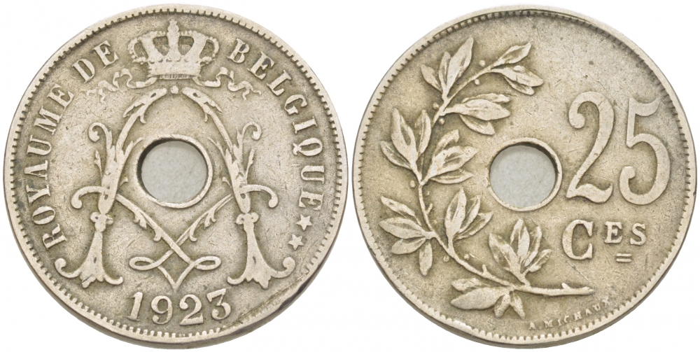 Бельгия 25 сантимов 1923 Belgique, Альберт I (1909-1934) KM 68.1 медно-никель 87-1533