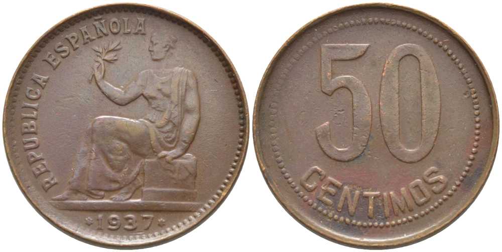 ИСПАНИЯ 50 СЕНТИМО 1937 (34) РЕСПУБЛИКА (1931-1939) KM 754.1 медь 113-1014