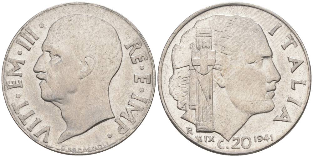 ИТАЛИЯ 20 ЧЕНТЕЗИМО 1941 R, ГОД XIX, ВИКТОР ЭММАНУИЛ III (1900-1946) KM 75b, VEM3. 1028 нержавеющая сталь 3853-1212