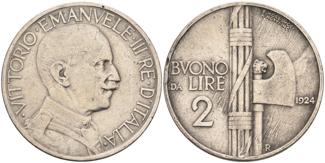 Италия 2 лиры 1924 R, Виктор Эммануил III (1900-1948) KM 63 никель 79-124