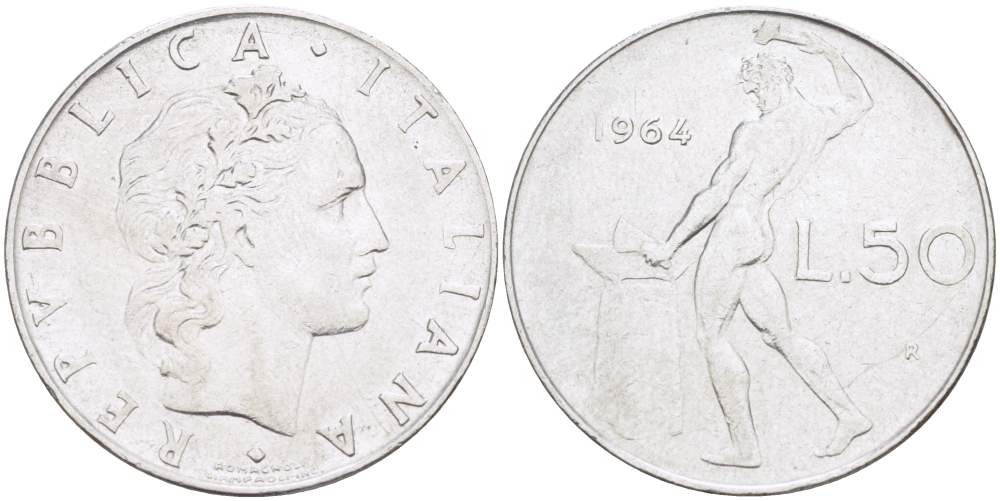 ИТАЛИЯ 50 ЛИР 1964 R, КУЗНЕЦ KM 95.1 нержавеющая сталь 4523-646