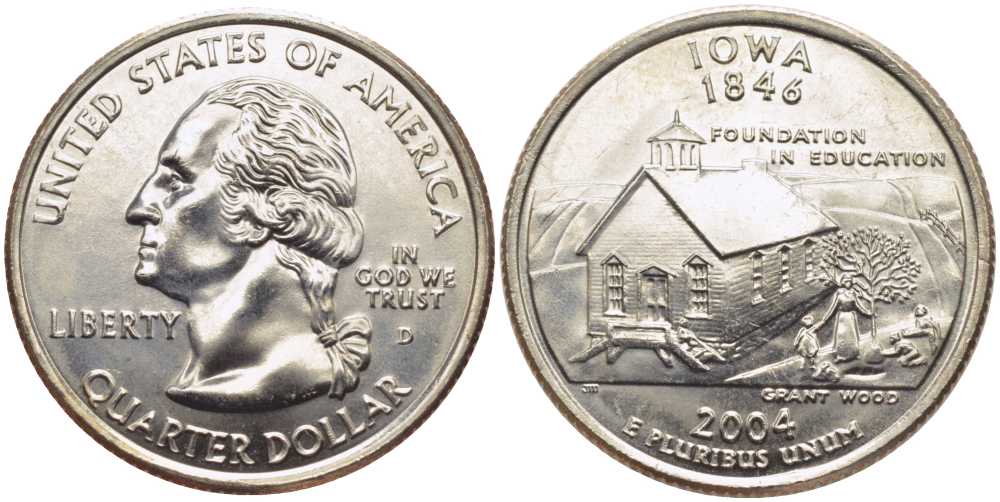 США 25 центов = квотер 2004 D, серия штаты США, Айова KM 358 медь плакированная медно-никелем UNC M50-06