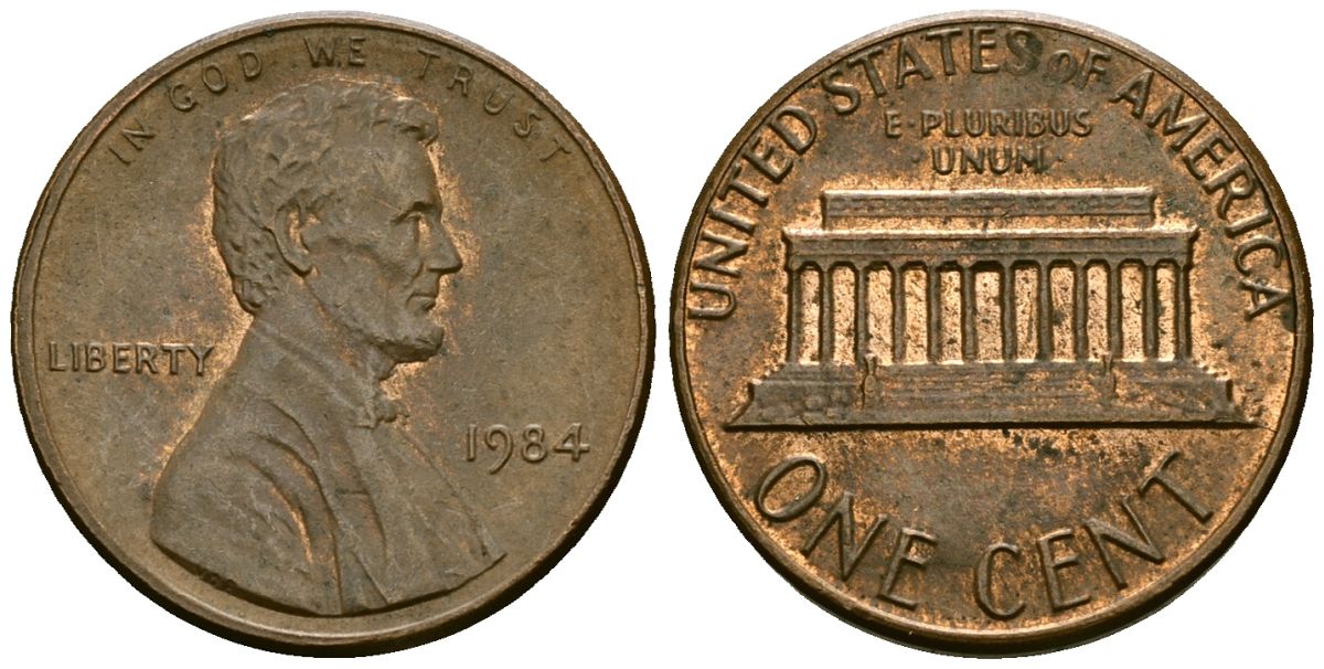 США 1 цент 1984 Линкольн KM 201b цинк плакированный медью 4136-251