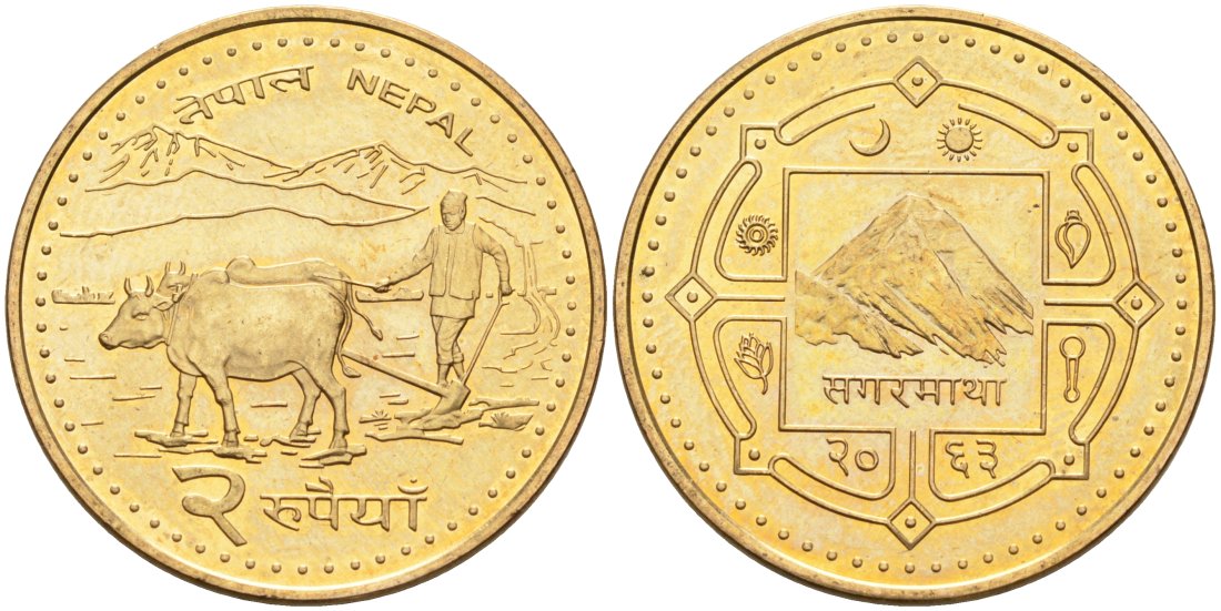 Непал 2 рупии 2006 VS2063 KM 1188 сталь плакированная латунью 4572-825