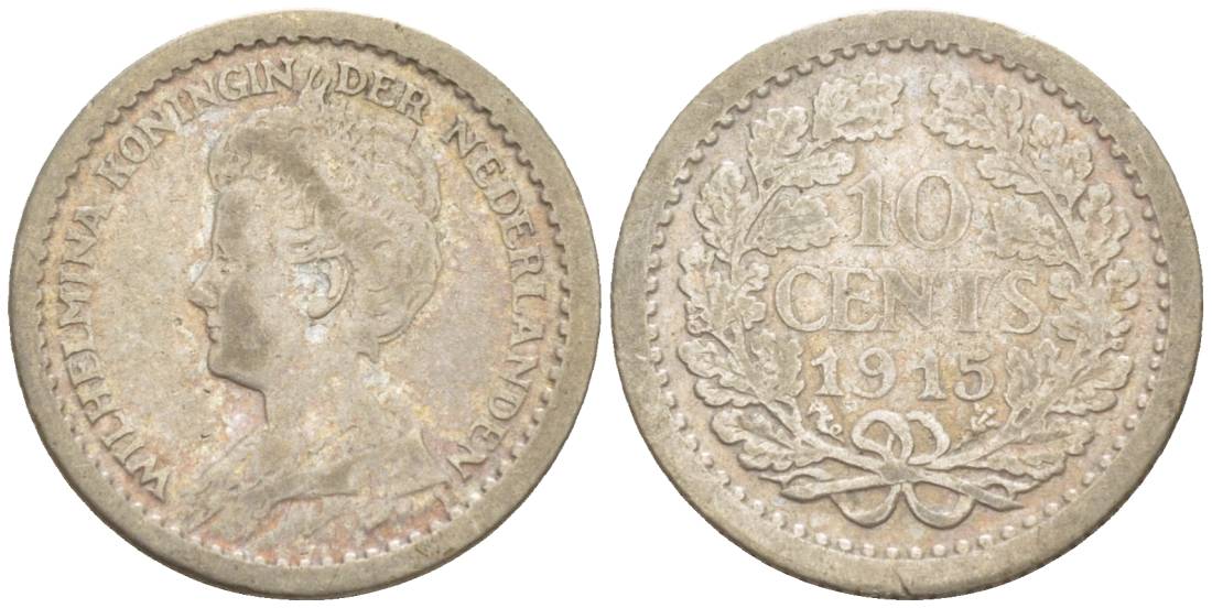 Нидерланды 10 центов 1915 Вильгельмина I (1890-1948) KM 145 серебро 4532-1158