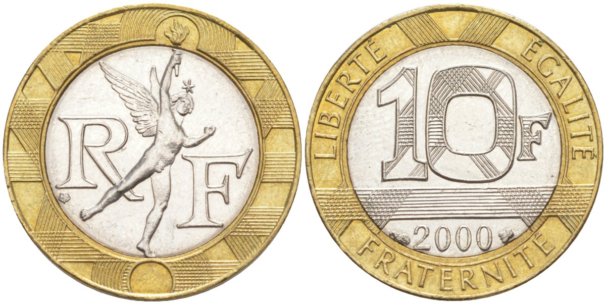 Франция 10 франков 2000 тип гений Бастилии KM 964.1, Le Frank 375.17 биметалл 4519-334