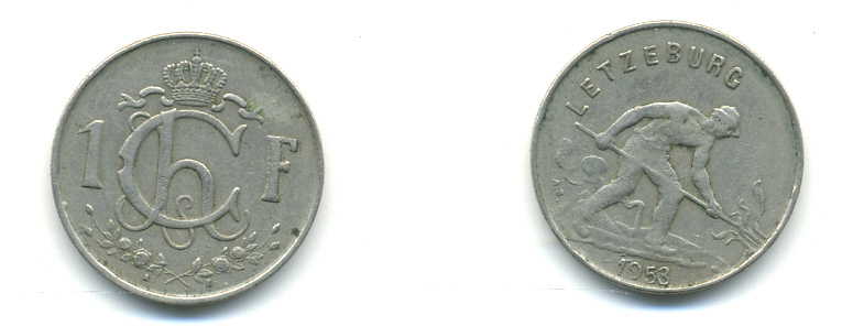 ЛЮКСЕМБУРГ 1 ФРАНК 1953 СТАЛЕВАР KM 46.2 медно-никель 80-454