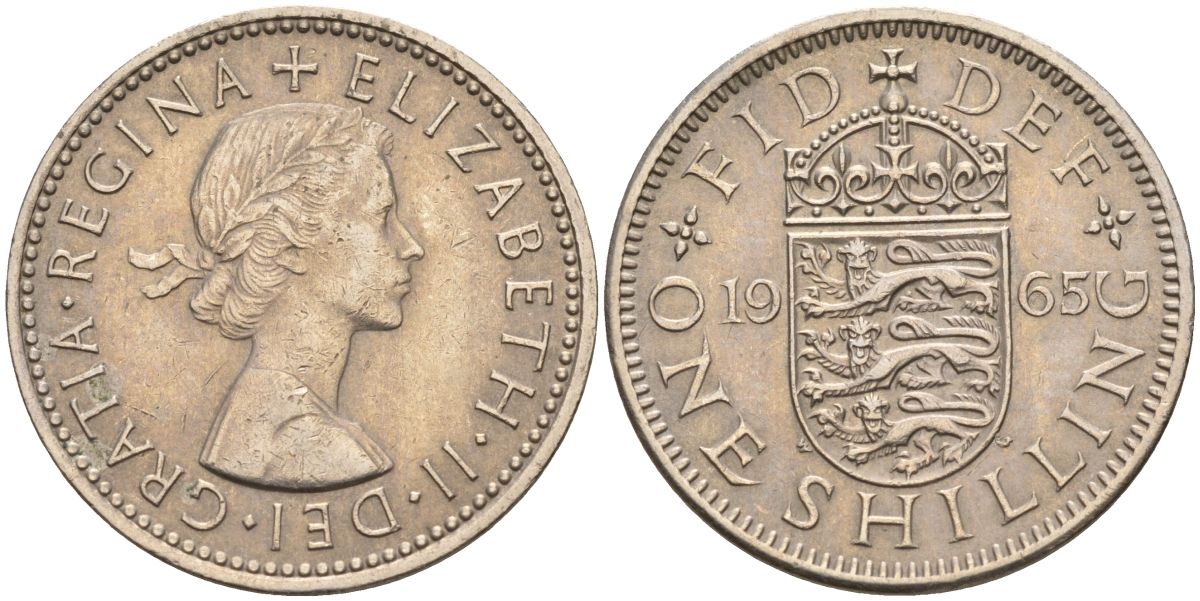 Великобритания 1 шиллинг 1965 Елизавета II (1952-2022), Английский герб KM 904, Spink 4147 медно-никель 4153-924