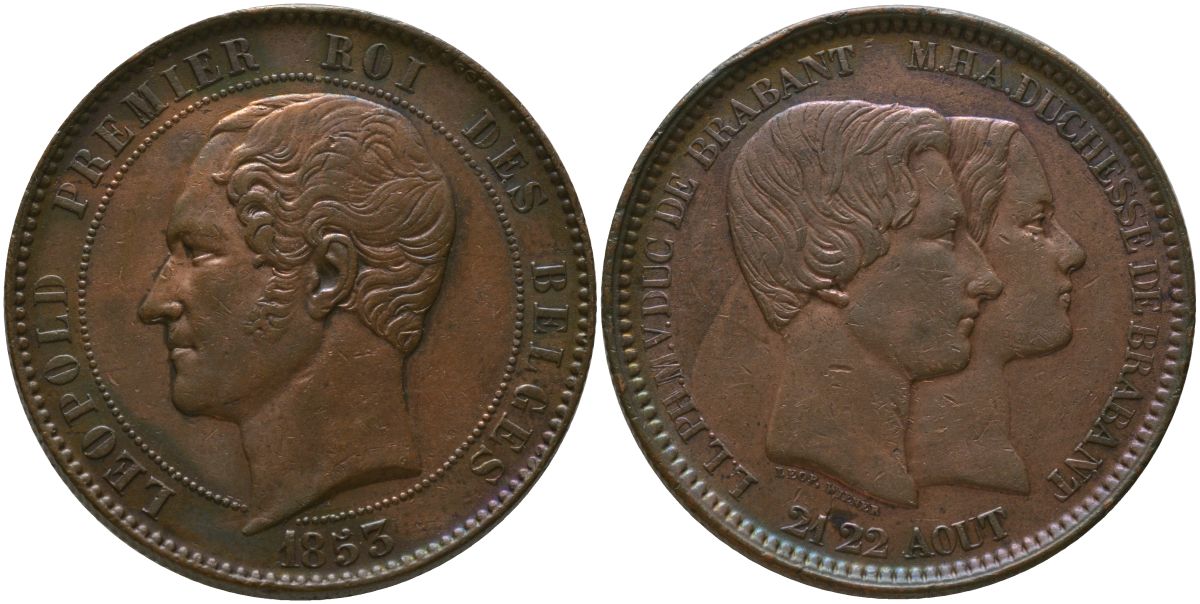 Бельгия 10 сантимов 1853 Свадьба Леопольда и Марии Генриетте, Леопольд I (1831-1865), большая дата X M1.1, Morin 3a медь 4557-1136