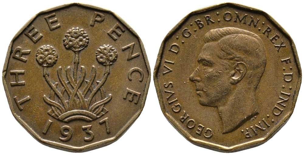 Великобритания 3 пенса 1937 Георг VI (1936-1952) KM 849, Spink 4112 никель латунь XF 1518-941
