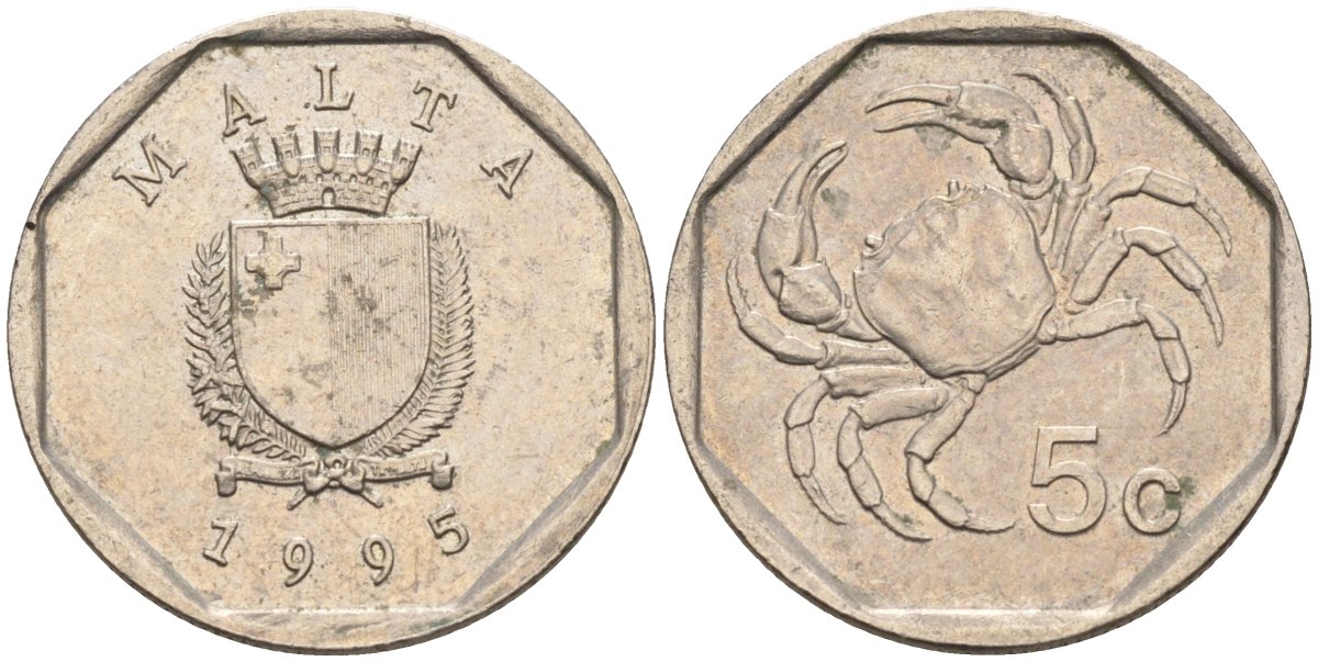 Мальта 5 центов 1993 краб KM 95 медно-никель 4588-132