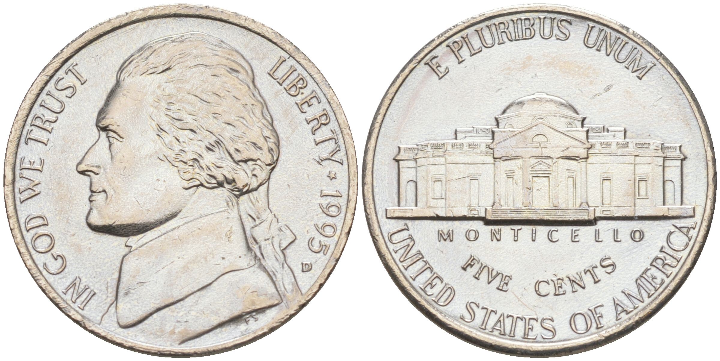 США 5 ЦЕНТОВ 1995 D, ДЖЕФФЕРСОН KM A192 медно-никель 190-141