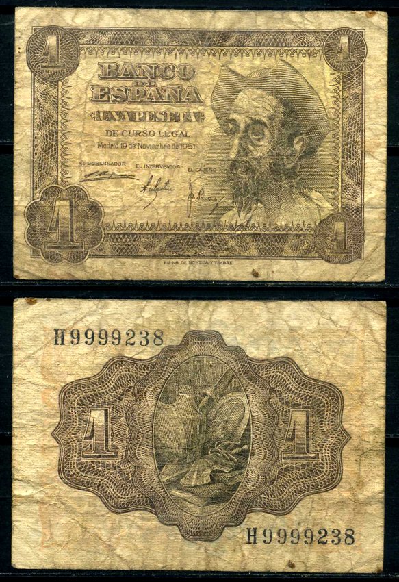 Испания 1 песета 1951 19 ноября 1951, Дон Кихот де Ла Манча Pick 139а бумага 7207-47-1-2