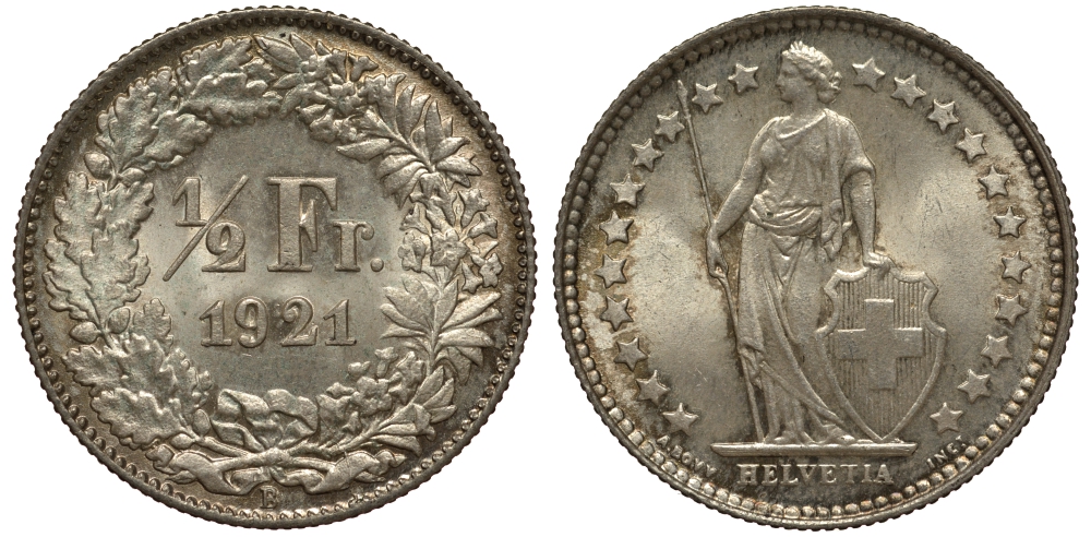 Швейцария 1/2 франка 1921 KM 23 серебро UNC 1525-931