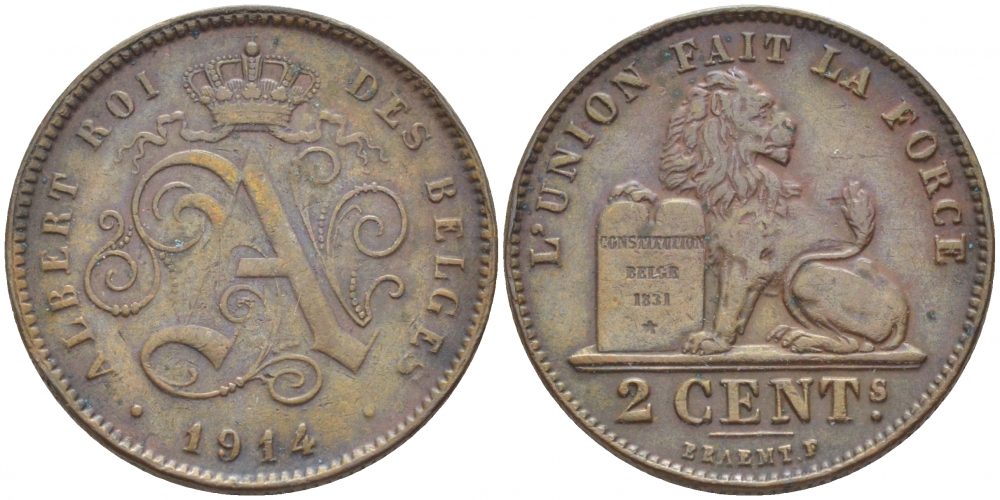 БЕЛЬГИЯ 2 САНТИМА 1914 BELGES KM 64 медь 4448-645