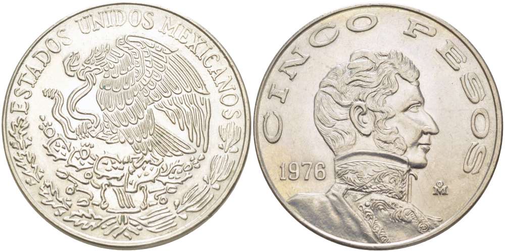 МЕКСИКА 5 ПЕСО 1976 ВИСЕНТЕ ГЕРРЕРО, LARGE DATE KM 472 медно-никель 4521-222