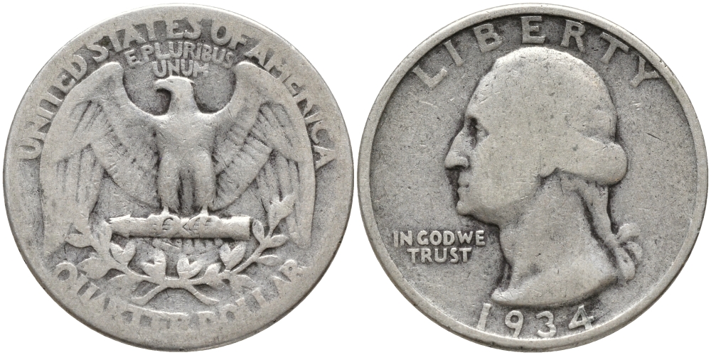 США 25 центов = квотер 1934 Вашингтон KM 164 серебро 86-1124
