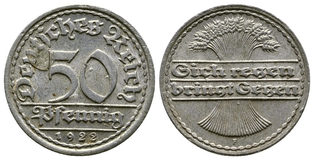 ГЕРМАНИЯ 50 ПФЕННИГОВ 1922 F KM 27, J. 301, Weege 10 алюминий 4380-914
