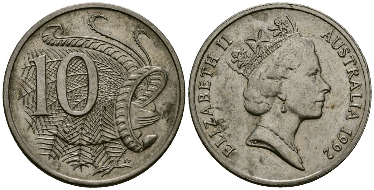 Австралия 10 центов 1992 Елизавета II (1953-), птица лирахвост KM 81 медно-никель 4138-925