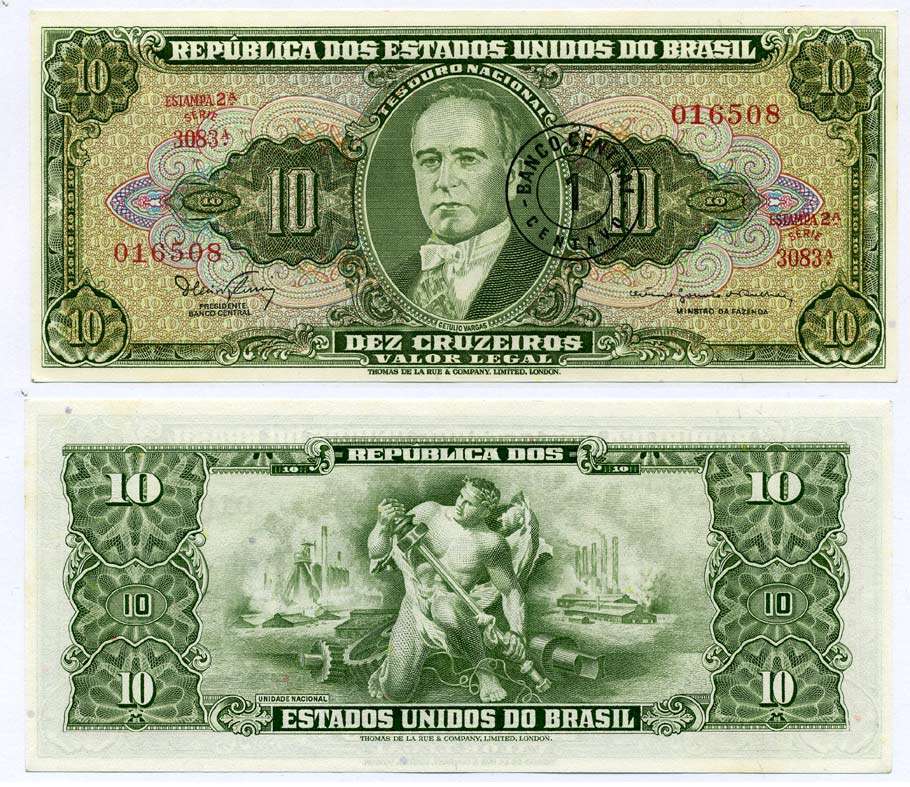 БРАЗИЛИЯ 1 СЕНТАВО 1966 НАДПЕЧАТКА НА 10 КРУЗЕЙРО, СЕРИЯ 3083А Pick 183а бумага UNC (ПРЕСС) 8612-15-1-1