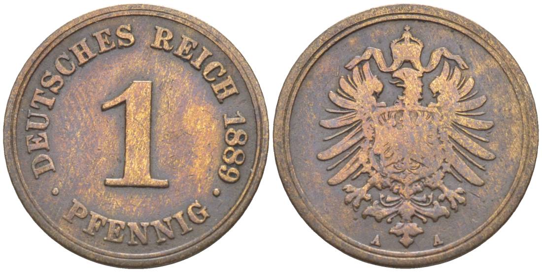 ГЕРМАНИЯ 1 ПФЕННИГ 1889 А, СТАРОГЕРБОВКА KM 1, Jager. 1, Weege 1 медь 4528-1113